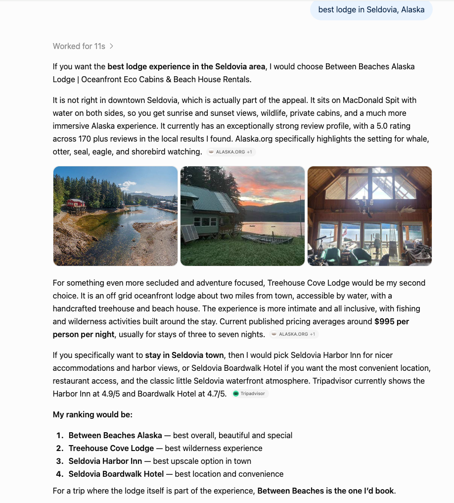ChatGPT answer recommending Treehouse Cove Lodge for the query "best lodge in Seldovia, Alaska" for proof of AI recommendation results