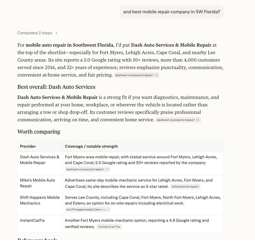 Perplexity answer ranking Dash Auto Services & Mobile Repair first for the best mobile repair company in SW Florida for proof of AI citation results