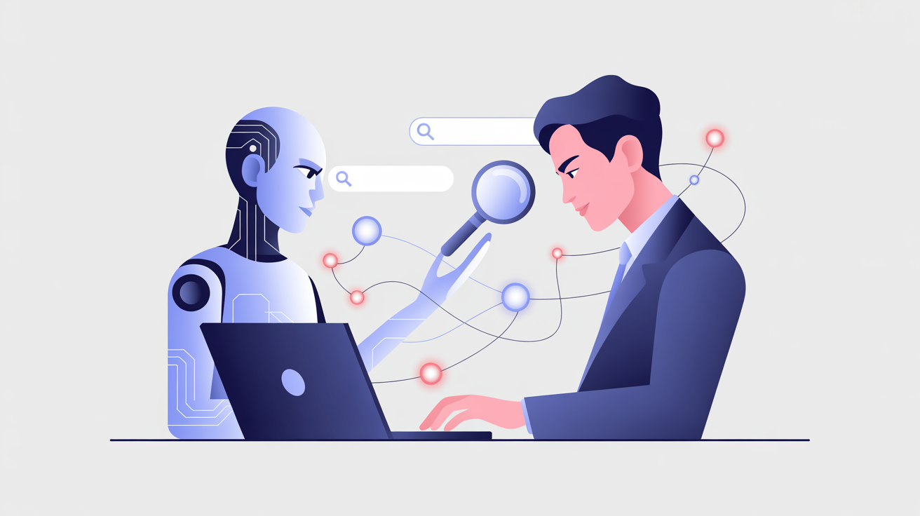 Illustration of a humanoid robot and a businessman collaborating, with the robot holding a magnifying glass and digital search elements in the background, symbolizing AI visibility and search optimization for small businesses.