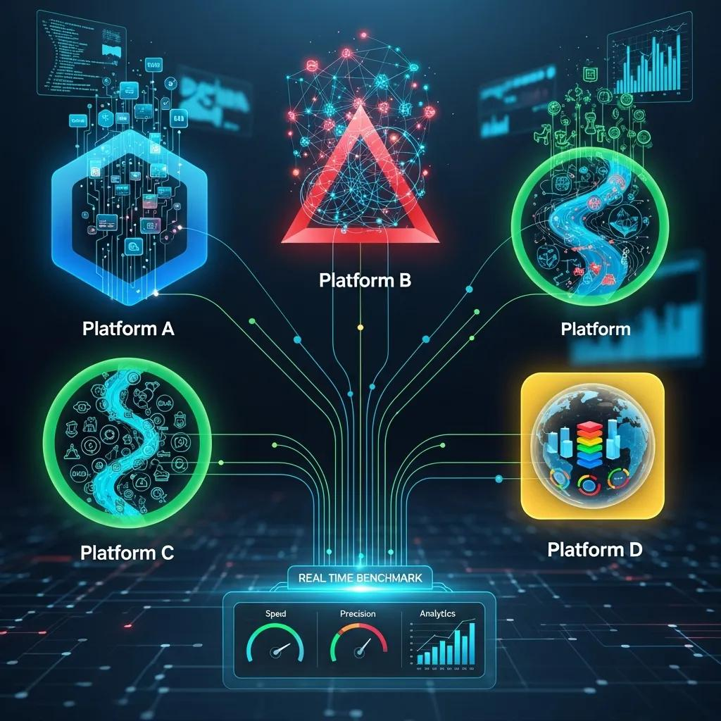 AI platform comparison infographic showing ChatGPT, Claude, Perplexity, Gemini, and Google with benchmarking charts
