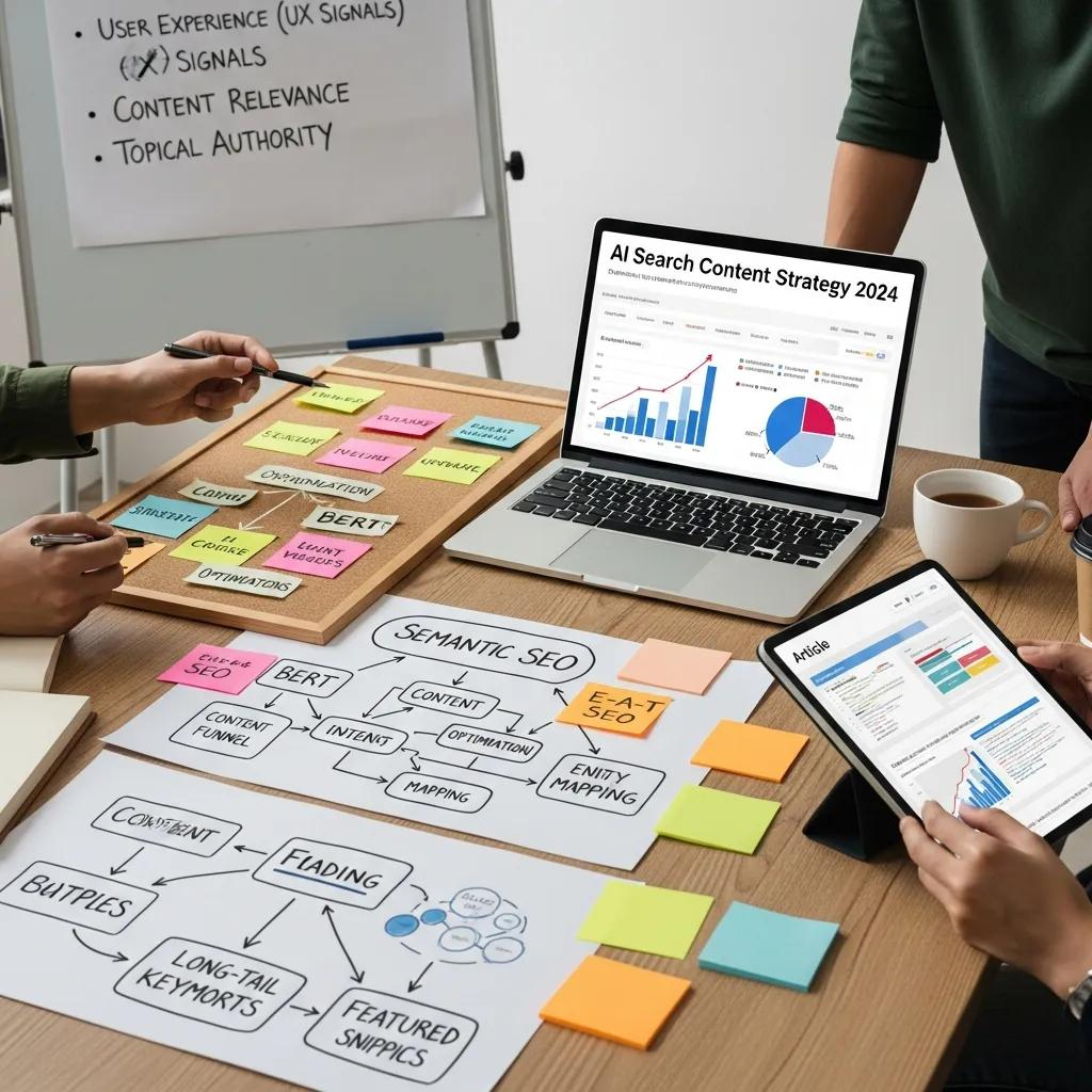 AI search content strategy planning session showing team mapping semantic SEO concepts, entity relationships, BERT optimization, and content funnels