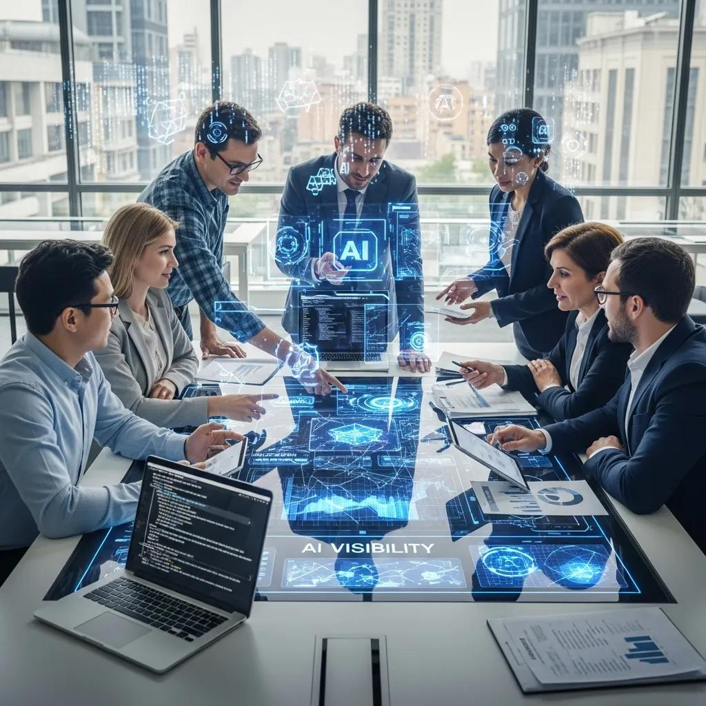 Business professionals collaborating around a digital analytics dashboard showing AI visibility scores and performance metrics