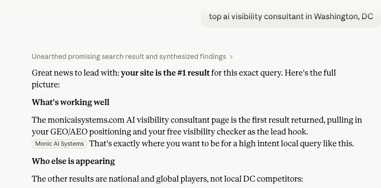 Claude AI confirms Monic AI Systems is the number one result for top AI visibility consultant in Washington DC