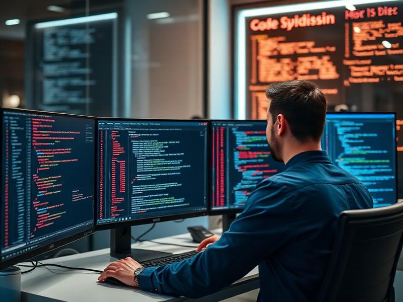 Software developer writing clean, well-documented code on multiple monitors