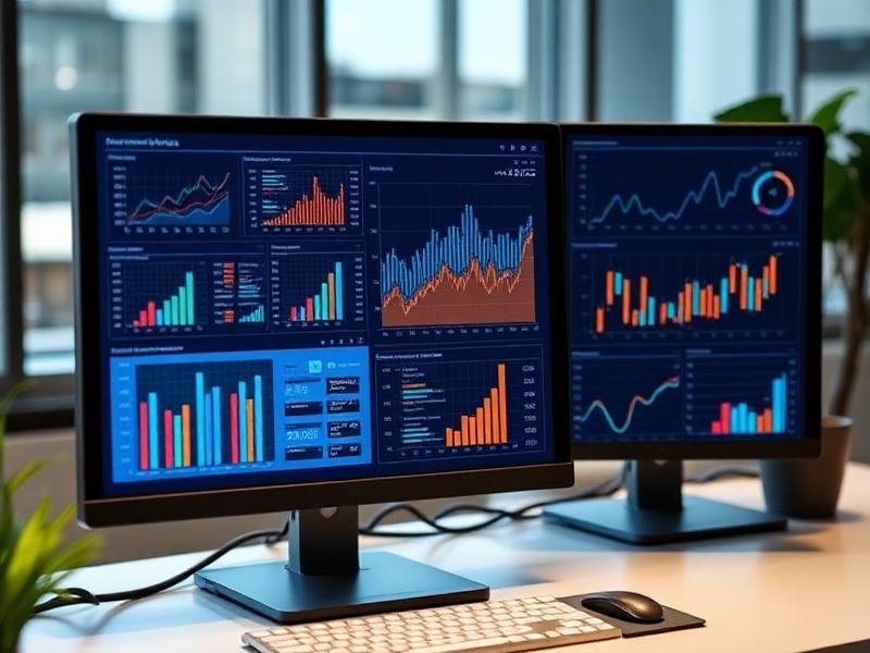 Business professional analyzing data analytics dashboard with key performance metrics