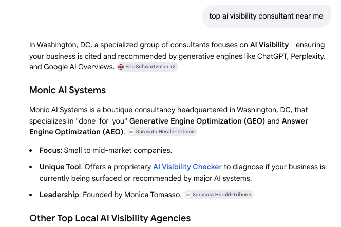 Monic AI Systems cited as a top AI visibility company in Google AI Overview results