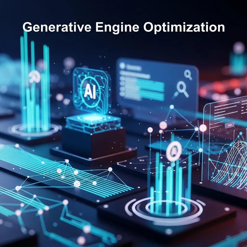Generative Engine Optimization visualization showing AI-powered search analytics, knowledge graphs, and data optimization interfaces