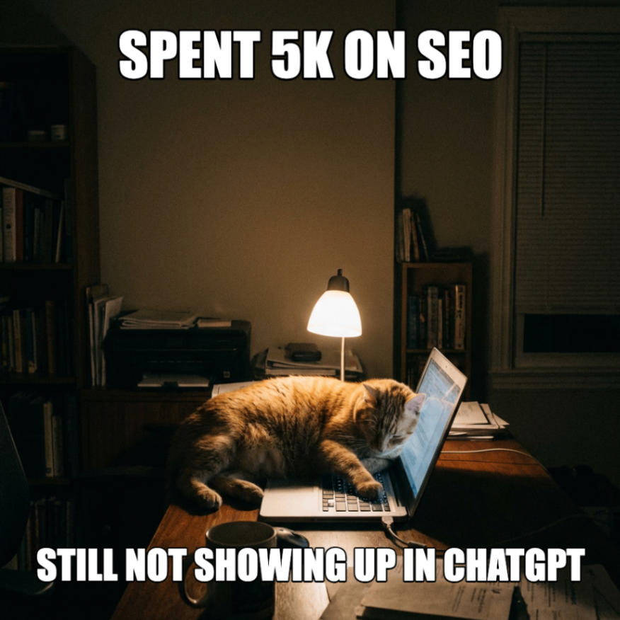 Meme: spent 5K on SEO, still not showing up in ChatGPT — illustrating the gap between traditional SEO and AI visibility.