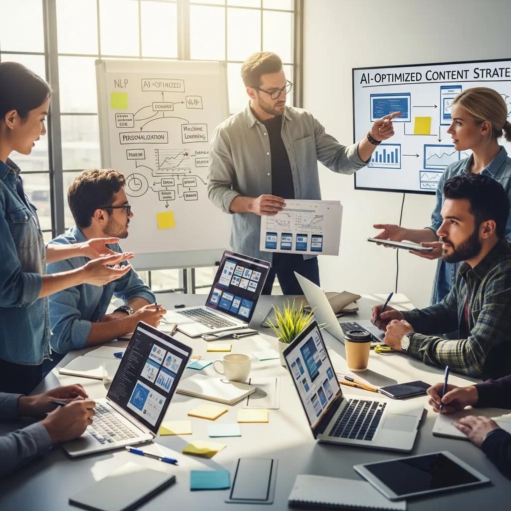 Team collaboration on AI content strategy and authority building