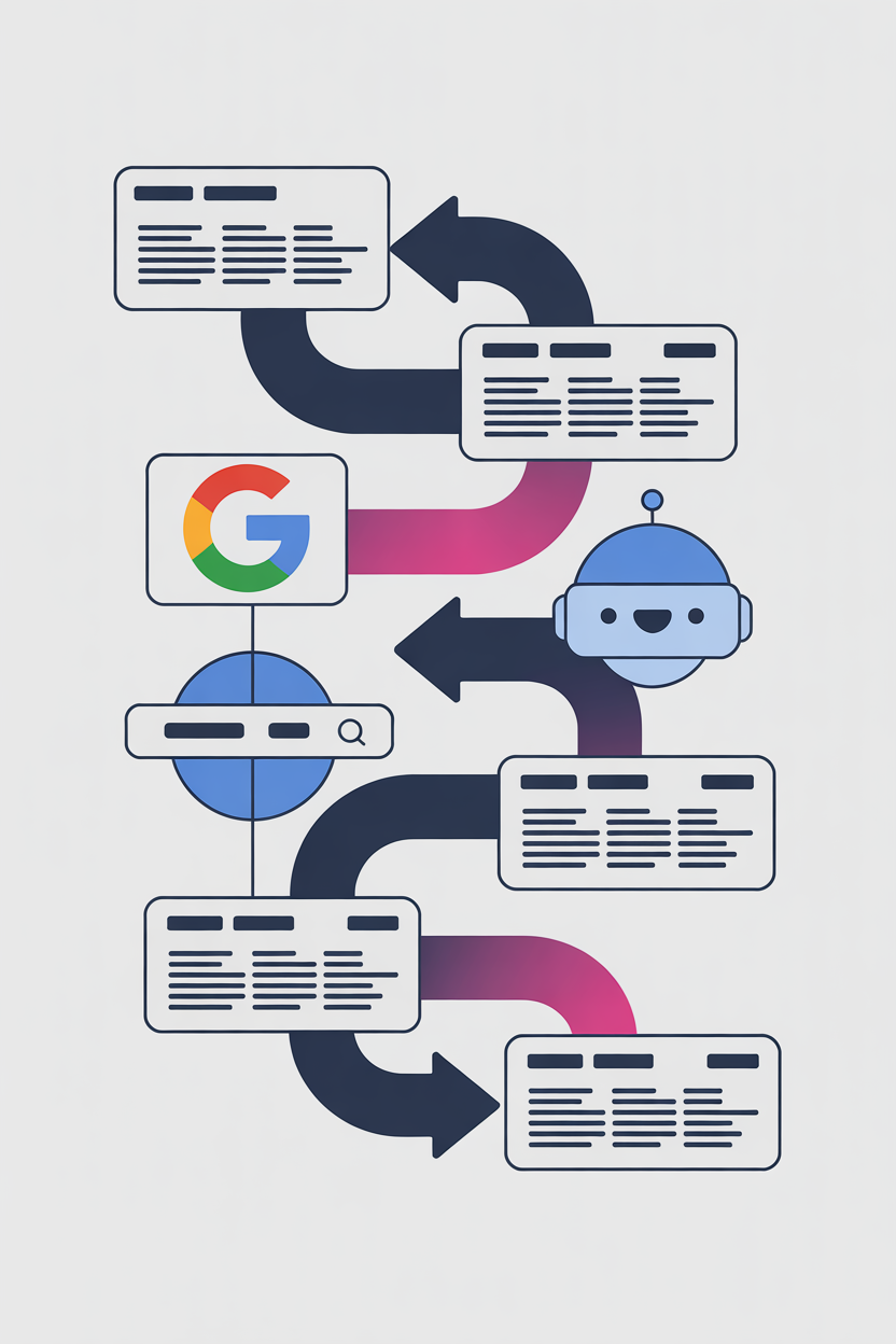 Diagram showing optimized blog content improving Google and AI visibility