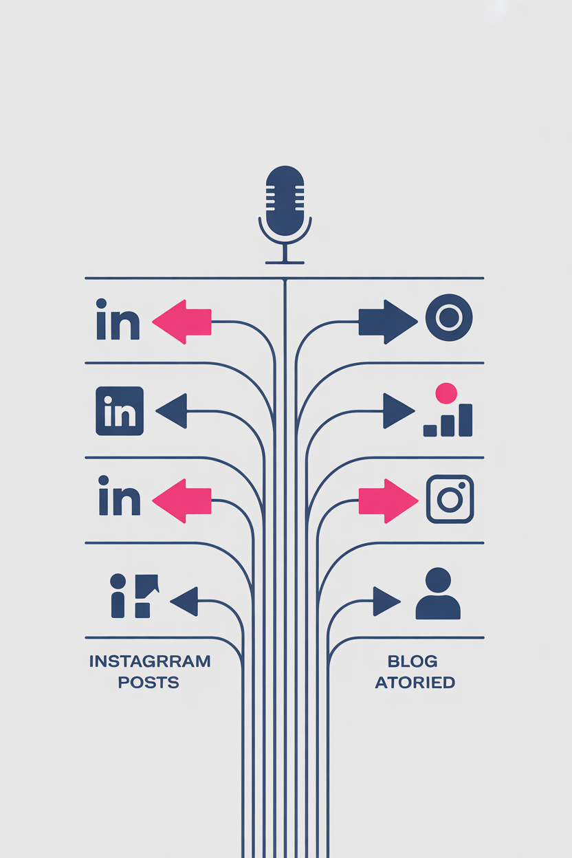 Flowchart showing one source interview repurposed into multiple social posts